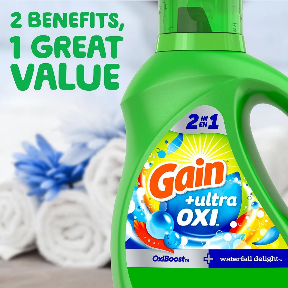 Détergent à lessive liquide Gain Ultra Oxi, parfum Waterfall Delight, 2 en 1, convient aux laveuses HE