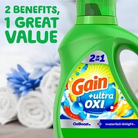 Détergent à lessive liquide Gain Ultra Oxi, parfum Waterfall Delight, 2 en 1, convient aux laveuses HE