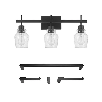 Ensemble de salle de bain tout-en-un de 5 pièces Bunbury, noir mat, applique murale à 3 ampoules avec abat-jours en verre bullé, porte-serviette, anneau à serviette, crochet à peignoir, supp