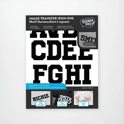 Iron-on UV/DTF transfer letters and numbers full alphabet for tshirts, bags and more, 3 sheets