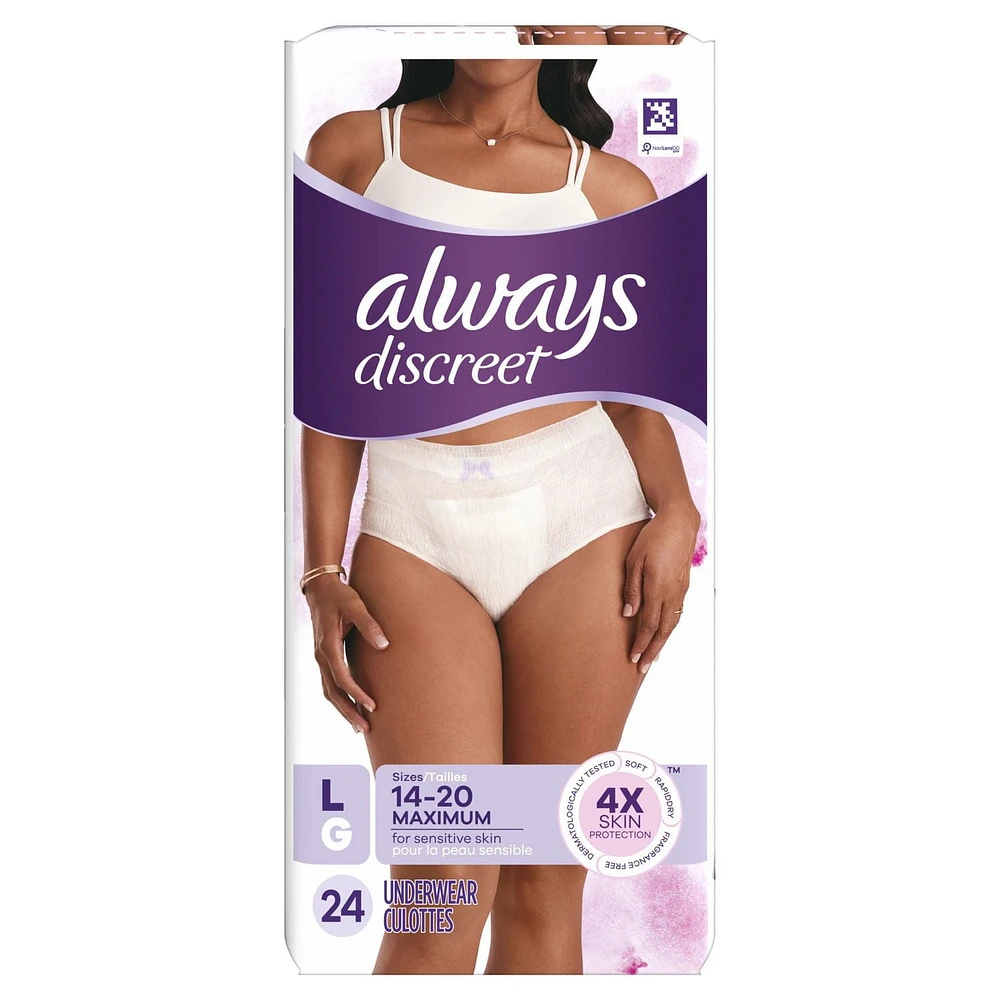 Culottes pour peau sensible Always Discreet, absorption maximale, quatre fois la protection de la peau, testées sous contrôle dermatologique, taille G, sans parfum, 24culottes 24CT