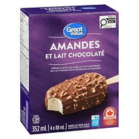 Barres de crème glacée Great Value à saveur du lait chocolaté aux amandes 4 x 88 ml