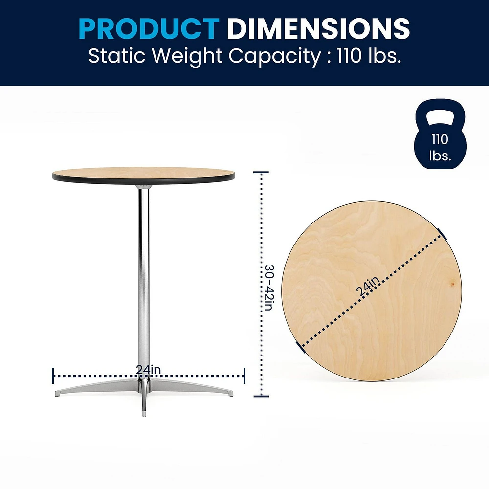 Table à cocktail ronde en bois de 24 pouces avec pieds centraux de 30 pouces et 42 pouces