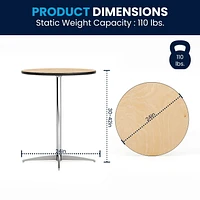 Table à cocktail ronde en bois de 24 pouces avec pieds centraux de 30 pouces et 42 pouces