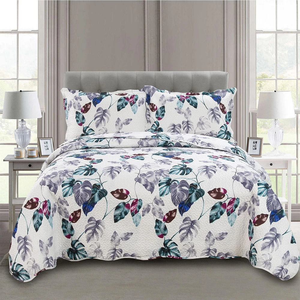 Marina Décoration Literie ultra douce avec couvre-lit et taies d'oreiller, motif de feuilles vertes modernes