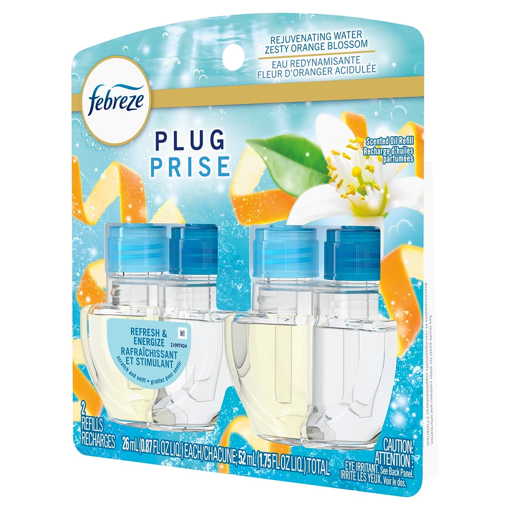 Febreze Plug In Air Freshener, Odor-Fighting Scented Oil Refill, Refresh & Energize, 2 Refills, 52ML