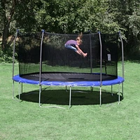 SKYWALKER TRAMPOLINES 14 FT, Round, Bright Blue Outdoor Trampoline for Kids with Safety Enclosure Net and Spring Pad, ASTM Approval, Rust Resistant, 4-Pack, Heavy Duty, Wind Stakes