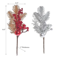 Christmas Berries And Ornament With Pine Leaves Pick  - Set of 6