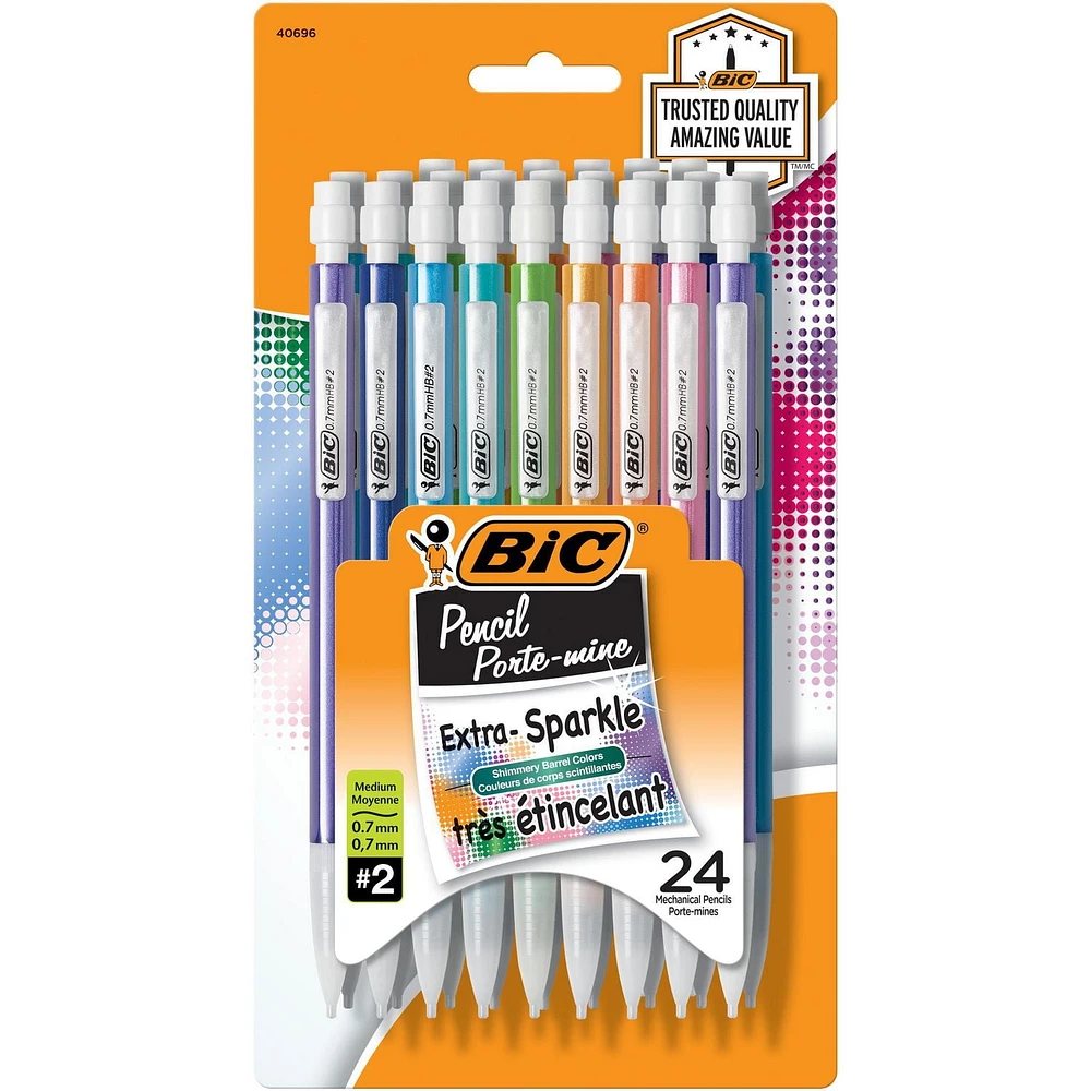 BIC Extra Sparkle HB Mechanical Pencils With Erasers, Medium Point (0.7 mm), 24-Count Pack, Mechanical Pencils for School Supplies, Pack of 24