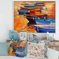 Designart Bateaux dans le port pendant le coucher du soleil chaud de Colourd I ART MURAL À CADRE FLOTTÉ