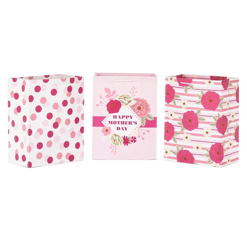 Paquet de 3 grands sacs-cadeaux de 11 po – Hallmark (« Happy Mother's Day », pois roses, fleurs roses)