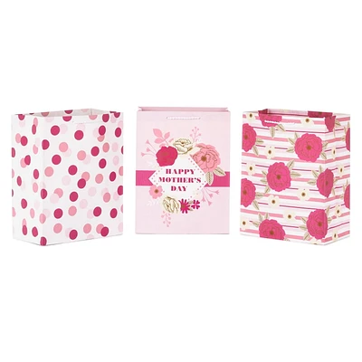 Paquet de 3 grands sacs-cadeaux de 11 po – Hallmark (« Happy Mother's Day », pois roses, fleurs roses)