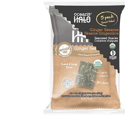 Ocean's Halo collation d'algues à saveur de sésame gingembre, biologique, 5 collations individuelles de 4 g OCEAN'S HALO ORG COLLATION D'ALGUES GING SES