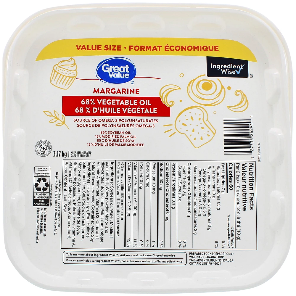 Great Value 68% Vegetable Oil Margarine, 3.17 kg