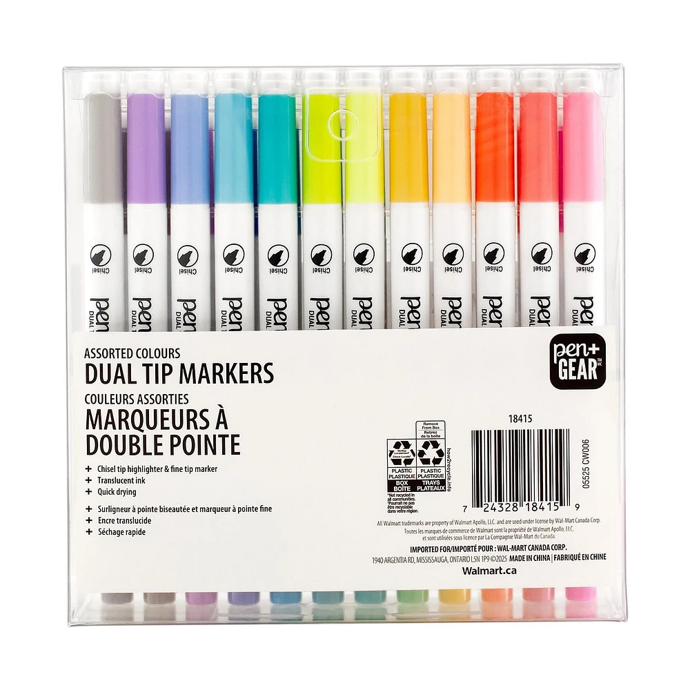 Pen+Gear Fine & Chisel Dual-Tip Markers, Assorted Ink Colors, 24 Count