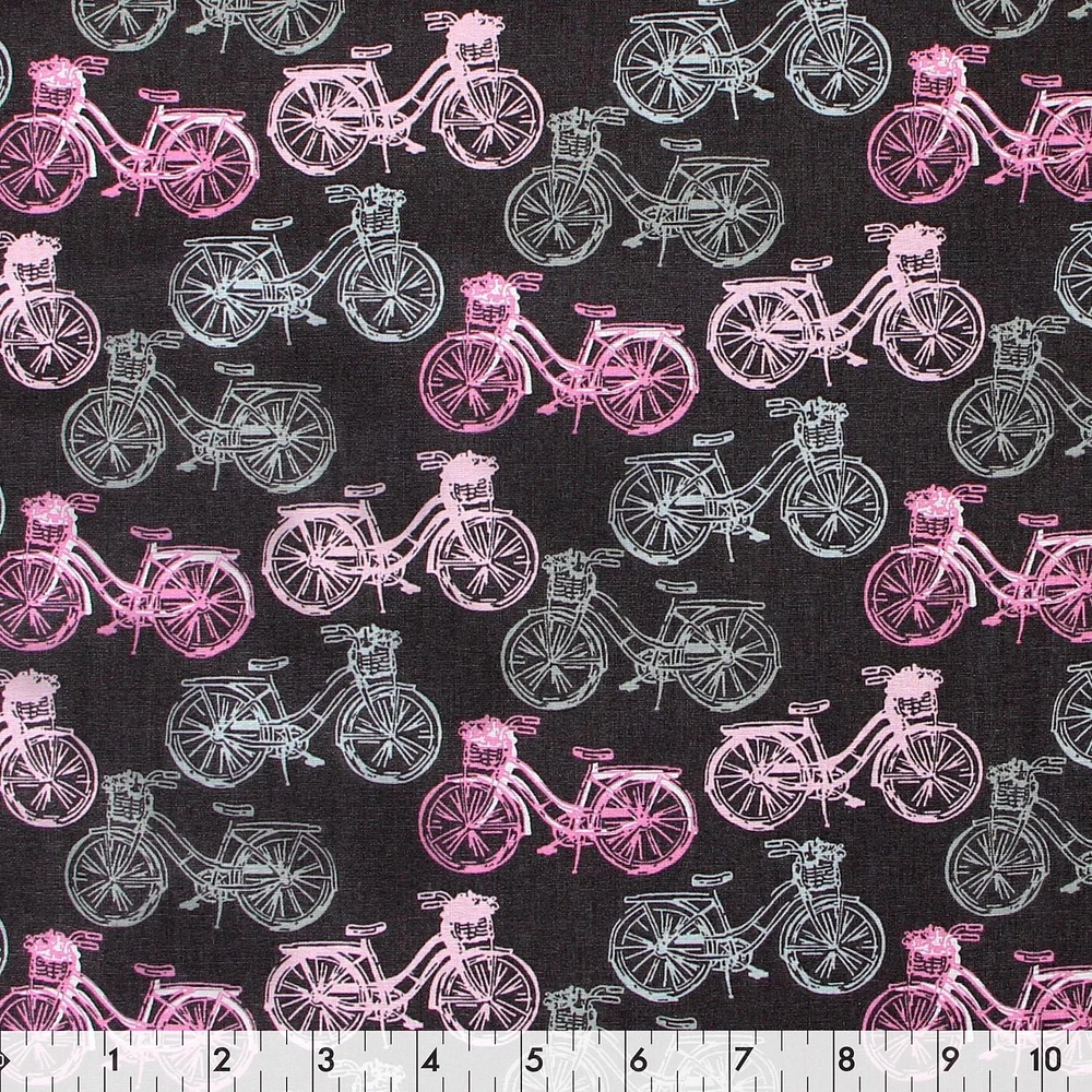 Fabric Creations Brown with Pink and Grey Bicycles Fat Quarter Pre-Cut Fabric - 18" x 21" / 45cm x 53cm, 18" x 21" / 45cm x 53cm