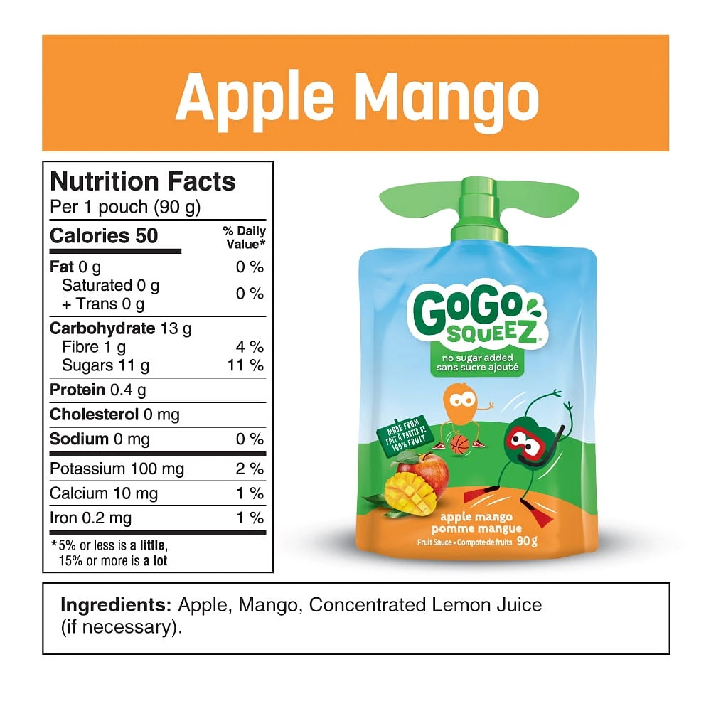 Compote de fruits GoGo squeeZ, pomme mangue, sans sucre ajouté. 90 g par gourde, emballage de 4 4 gourdes x 90 g (360 g)
