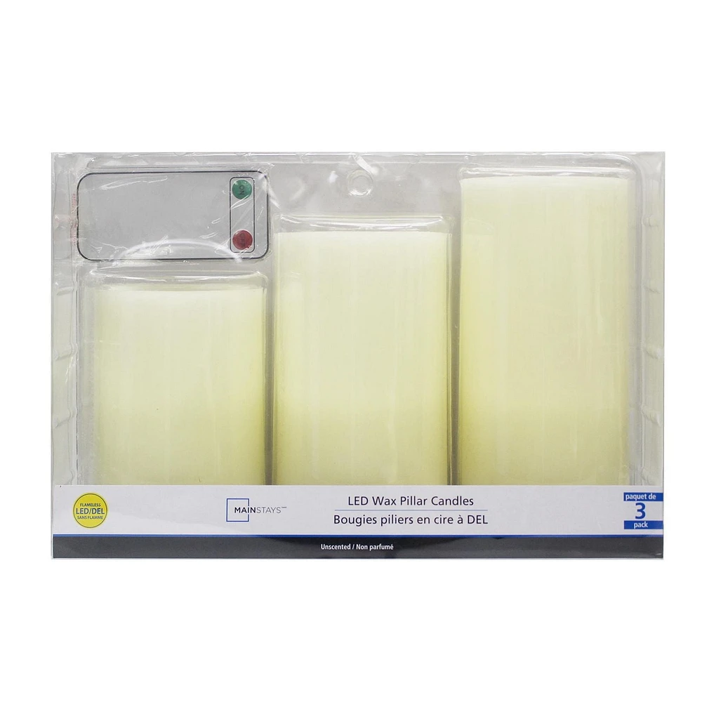 Mainstays Bougies piliers en cire à DEL avec télécommande, non parfumé,
