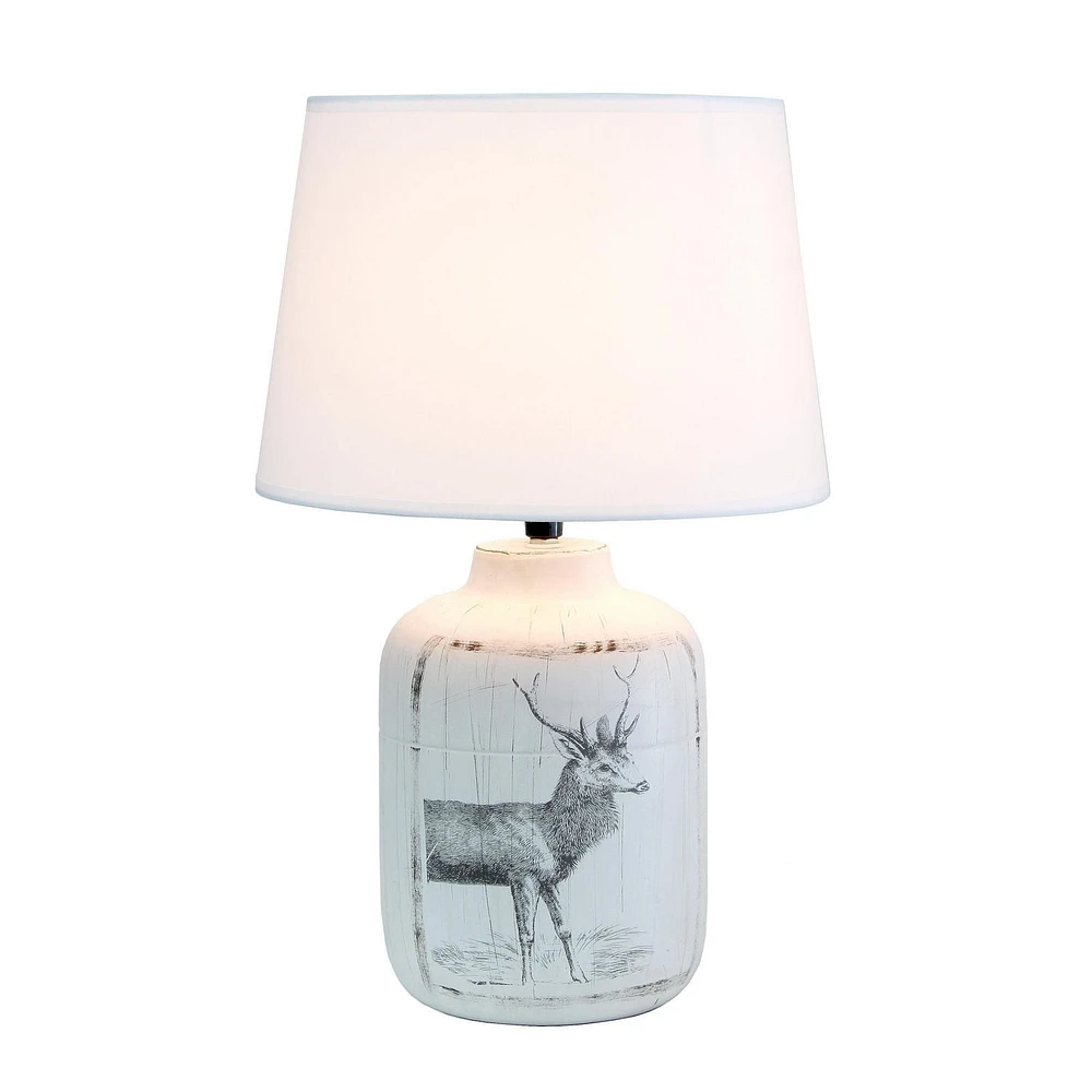 Simple Designs Rustic Deer Buck Nature Printed Ceramic Farmhouse Accent Table Lamp with Fabric Shade