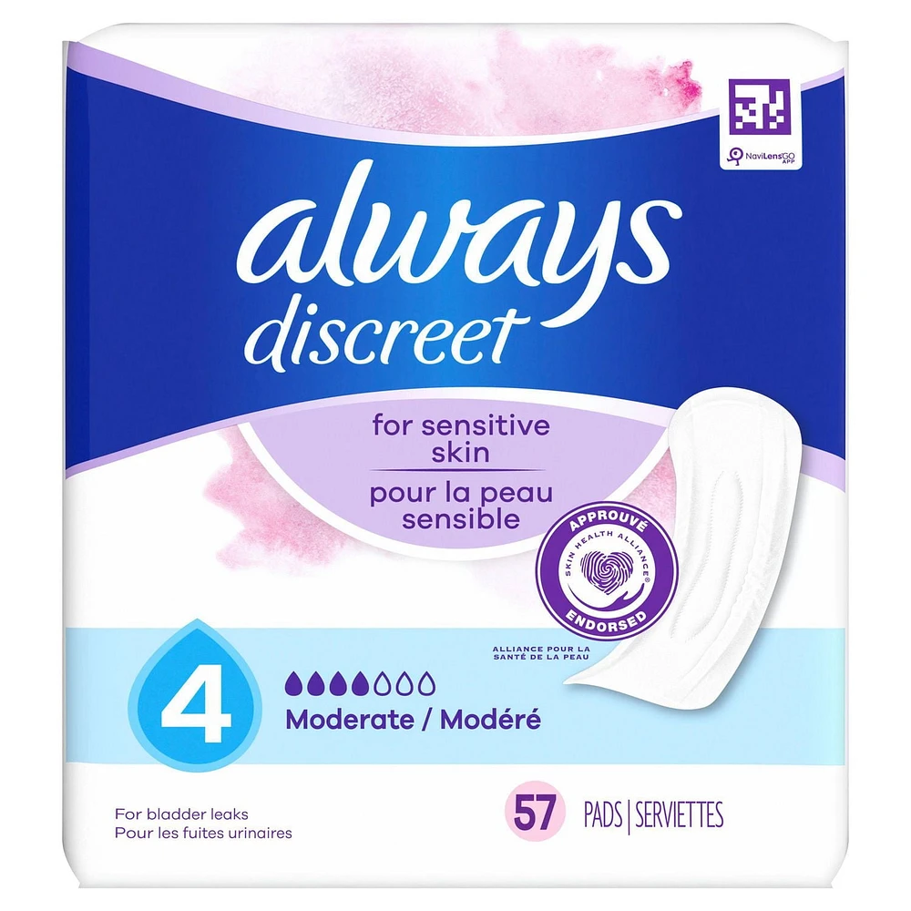 Culottes pour peau sensible Always Discreet, absorption maximale, quatre fois la protection de la peau, testées sous contrôle dermatologique, taille G, sans parfum, 24culottes 24CT