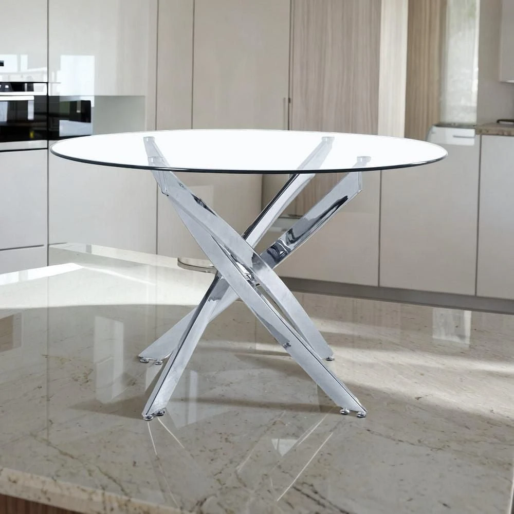 TABLE STAR EN VERRE RONDE avec plateau en verre trempé et acier inoxydable poli en chrome