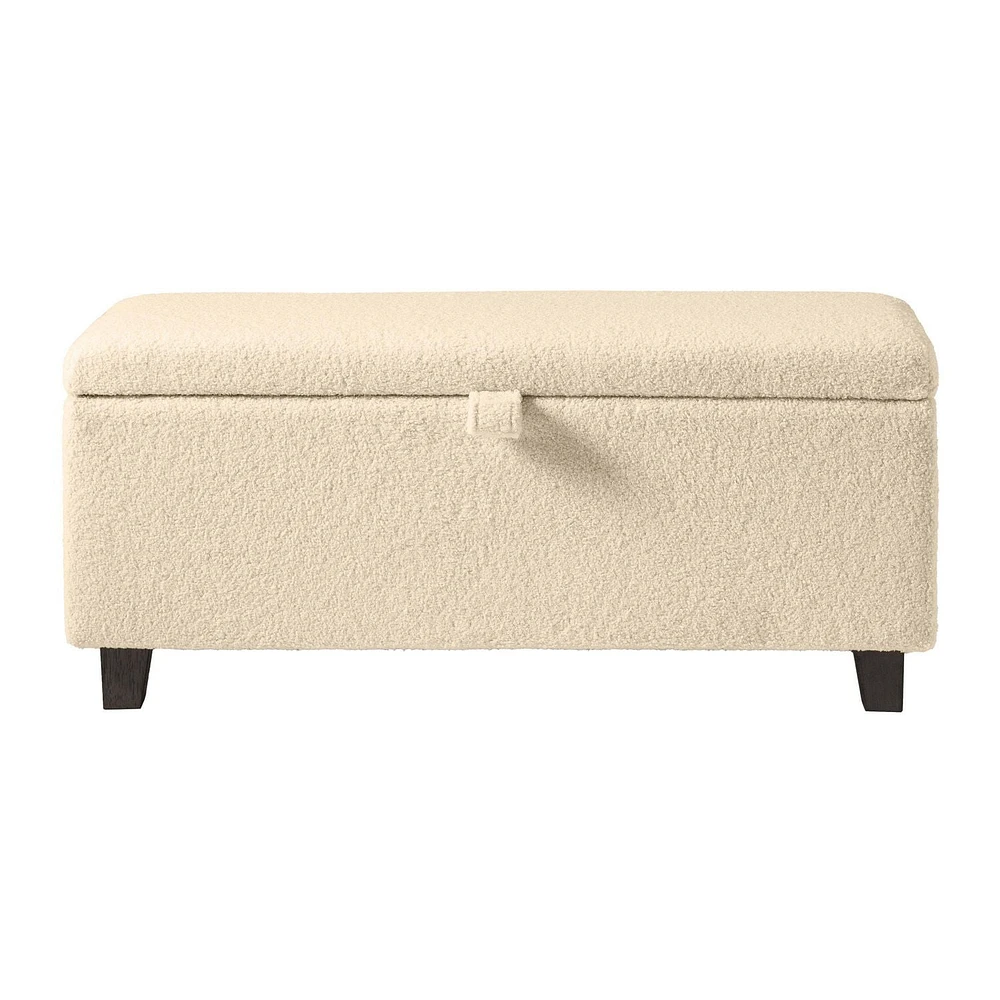 Pouf de rangement Corliving Liya Cream Boucle, banc de rangement moderne rembourré pour bout de lit, banc Sherpa crème, pour salon, entrée, chambre à coucher
