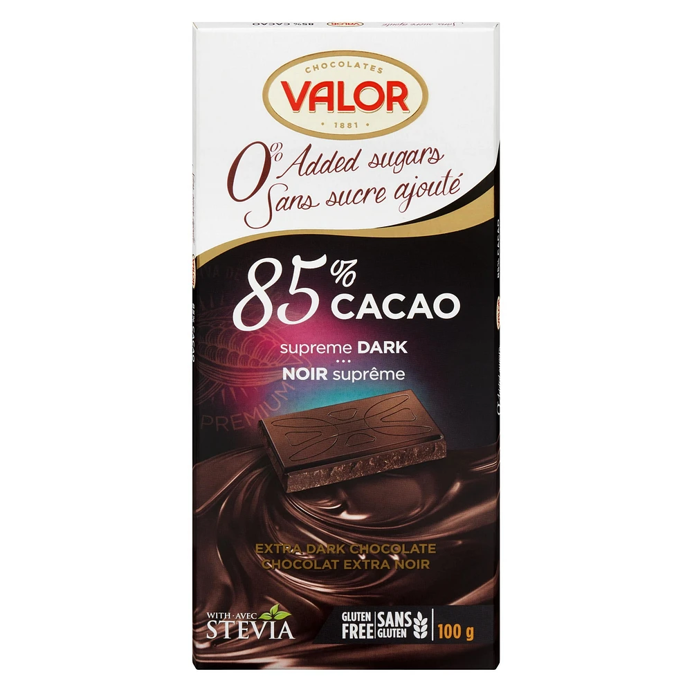 Chocolat Valor 85% Cacao Sans Sucre Ajouté 100g