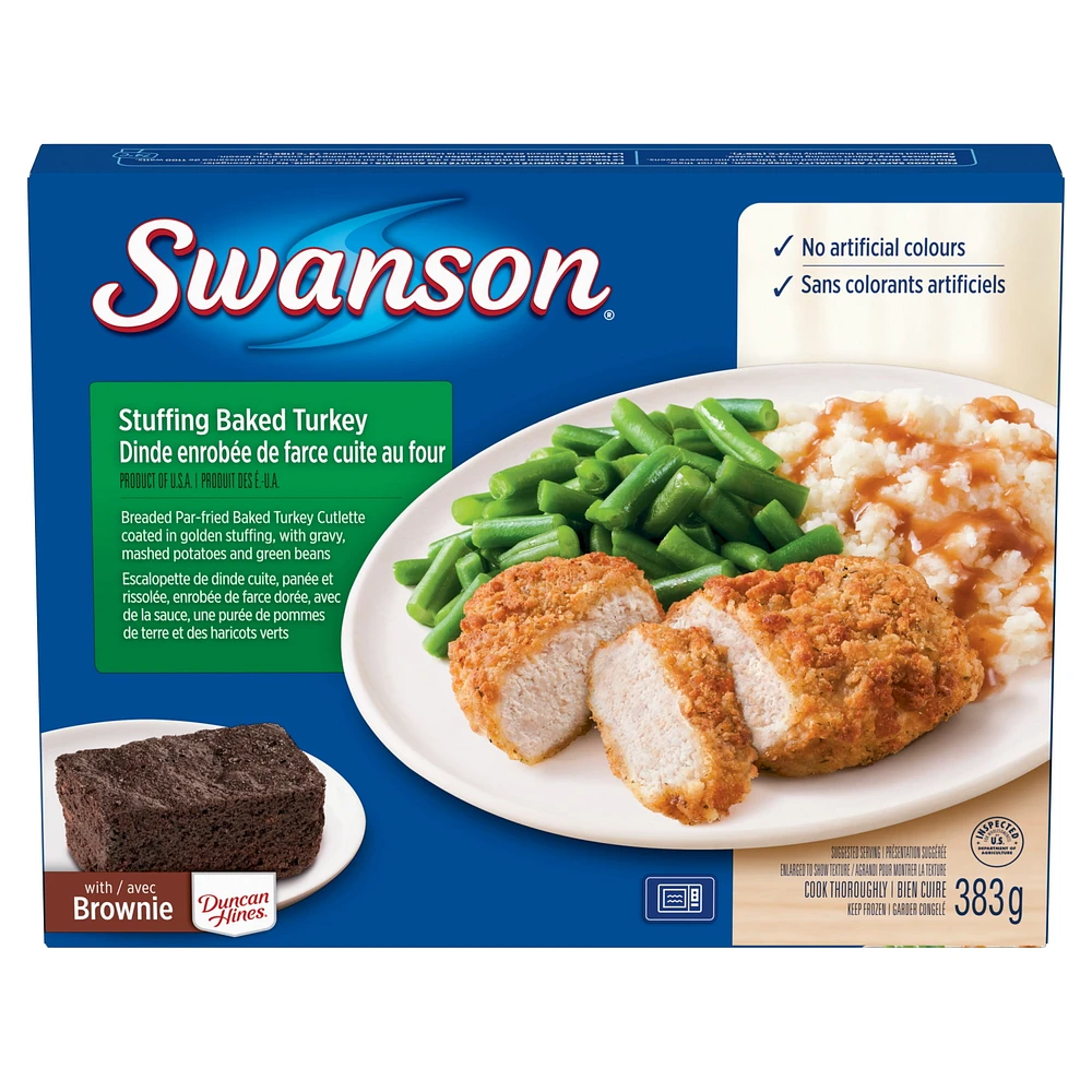 Swanson Stuffing Baked Turkey: frozen meal with gravy, mashed potatoes, green beans, and a brownie, 383 g