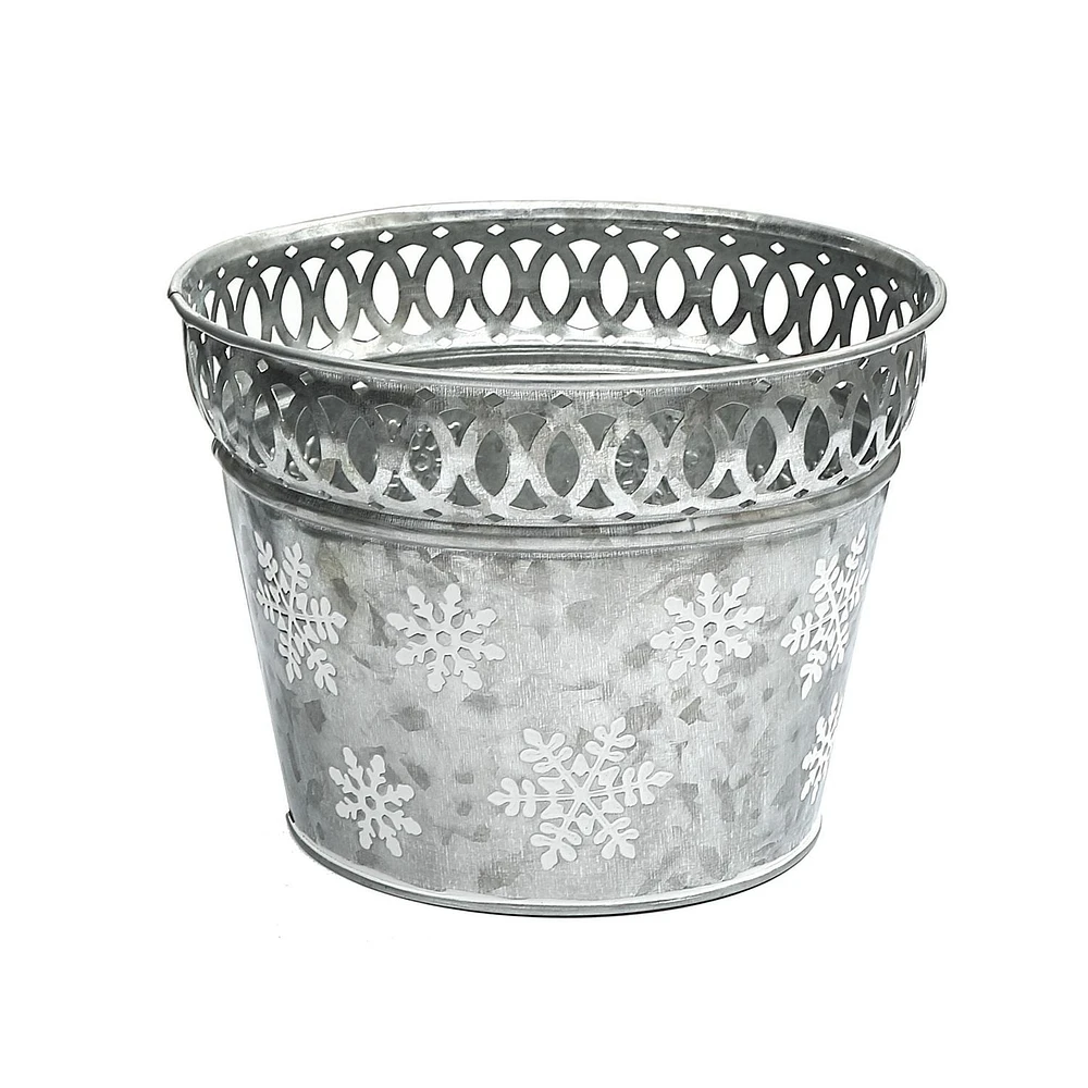 Round Galvanisées Jardinière Avec Flocon De Neige