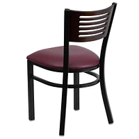 2 Pk. HERCULES Series Black Slat Back Metal Restaurant Chair - Walnut Wood Back, Burgundy Vinyl Seat