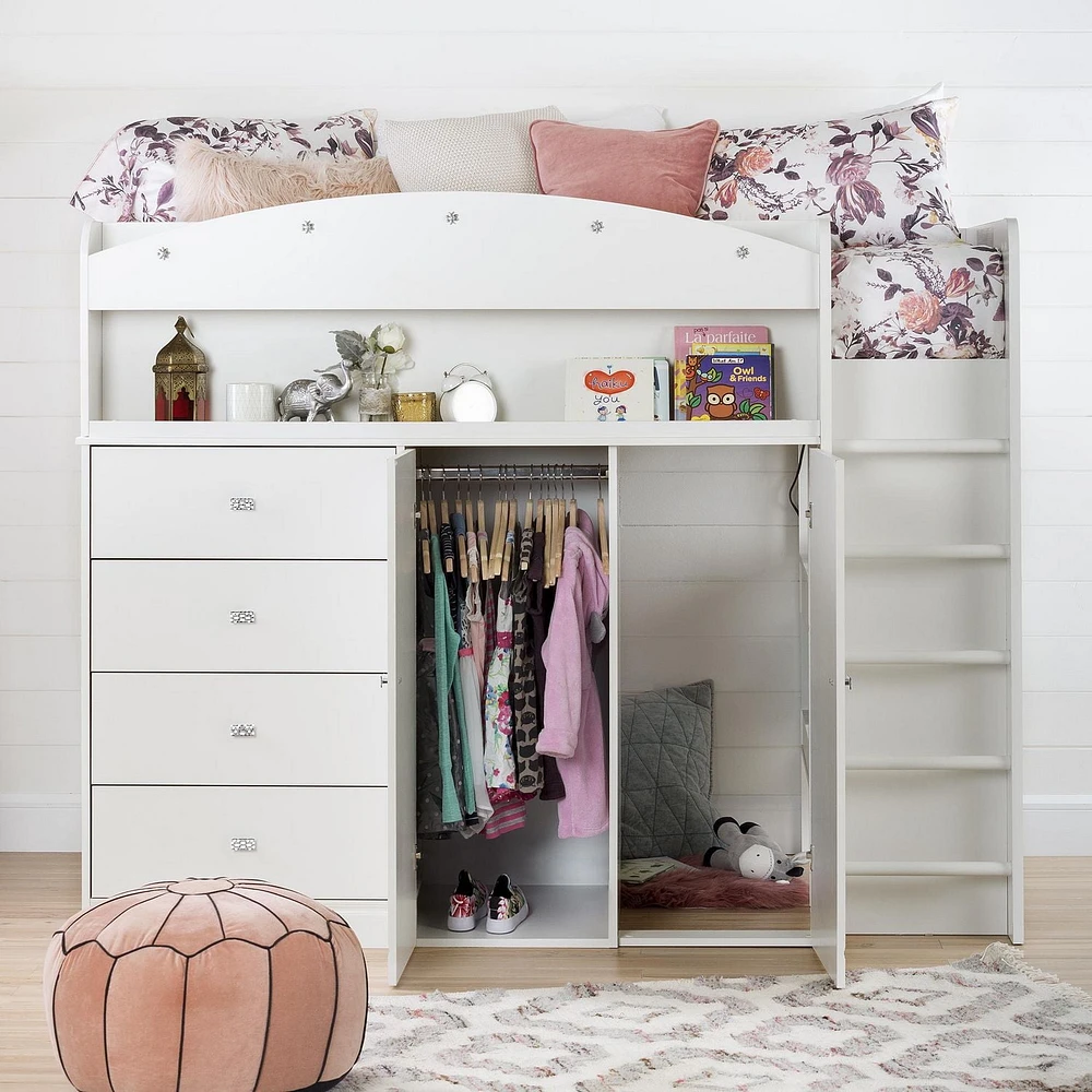 South Shore, Tiara collection, Loft Bed with Desk Pure White