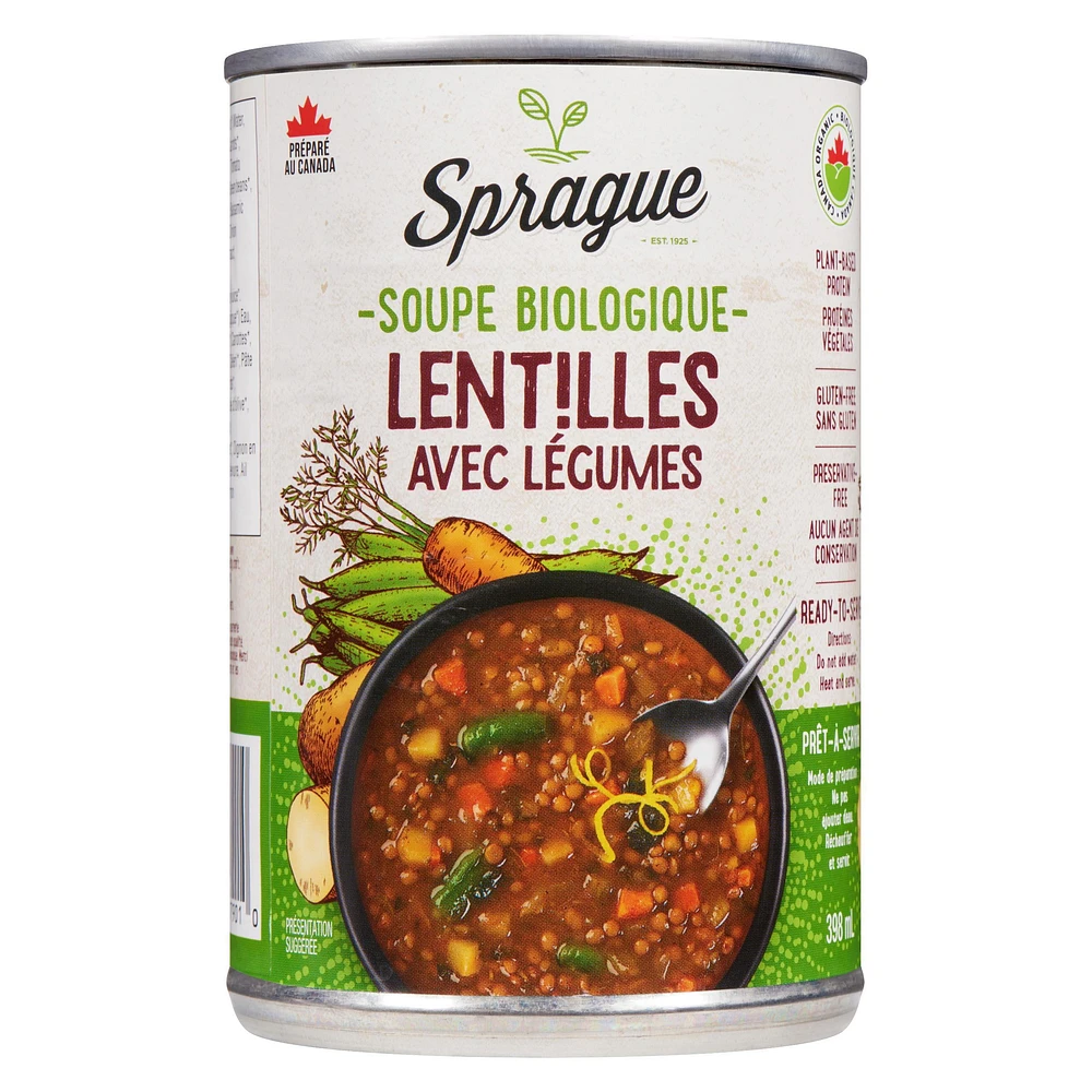 Sprague Organic Lentil Soup with Vegetables, 398ml Reheat and Serve