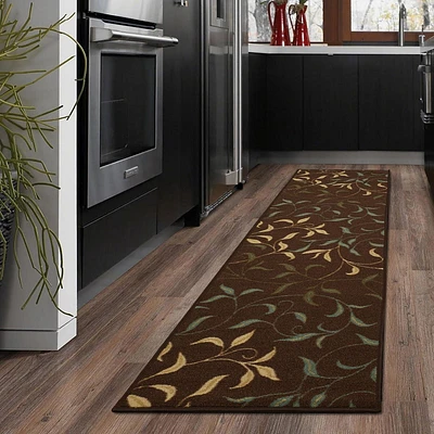 Tapis de couloir contemporain à motif de feuilles et à sous-couche en caoutchouc de la collection Ottohome