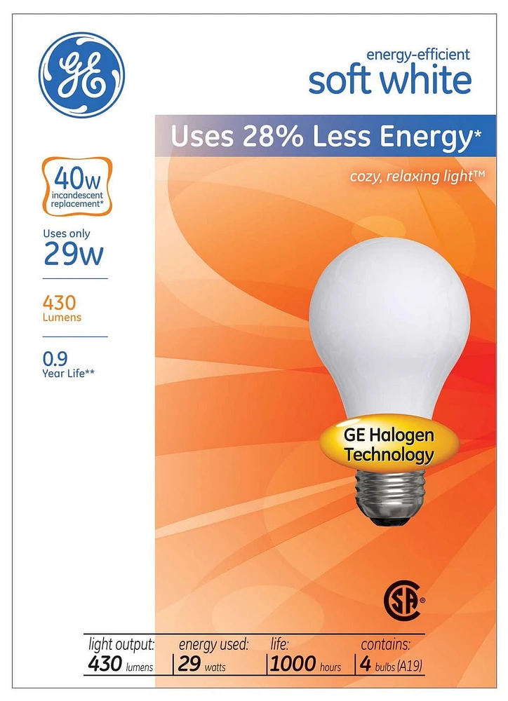 Lampe éconergétique A19 GE 29 W – paquet de 4