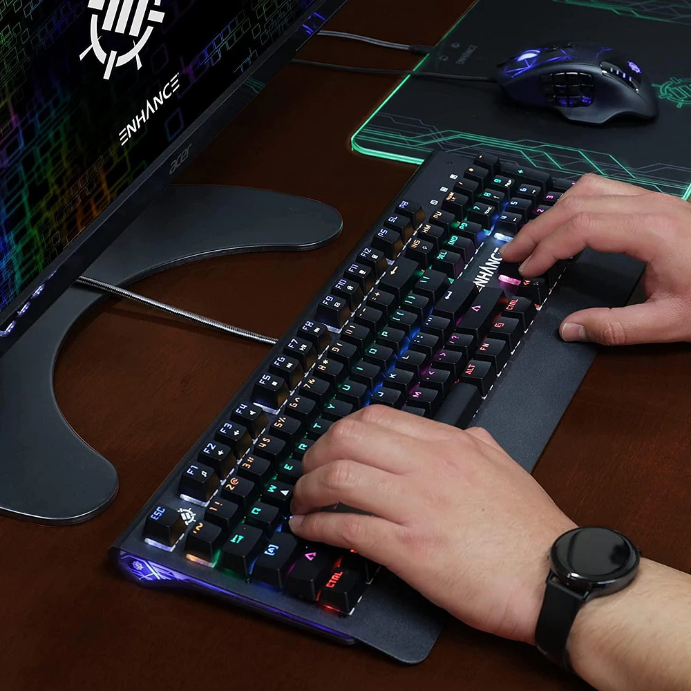 ENHANCE Pathogen 2 Blue Switch Mechanical Keyboard - Mechanical Gaming Keyboard with Fast 1ms Response Polling Rate, Integrated Wrist Rest, 26KRO & Anti-Ghosting, 7 LED Rainbow Lighting Effects