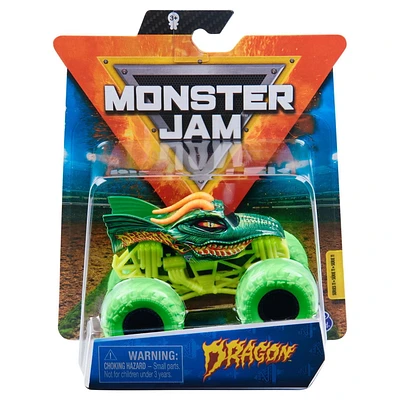 Monster Jam, Monster truck Dragon officiel, véhicule en métal moulé, série Nitro Neon, échelle 1:64