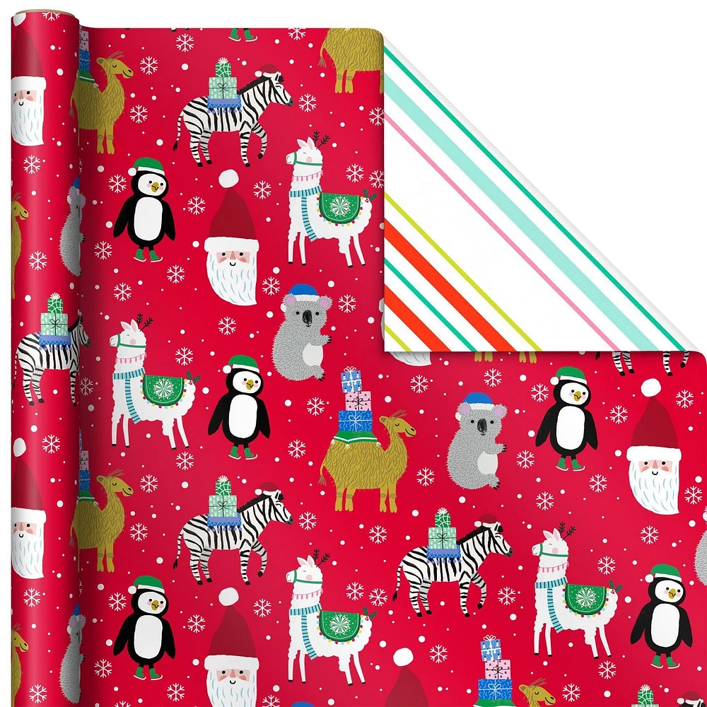 Papier d'emballage Hallmark réversible de Noël pour enfants, motif tendance (3 rouleaux : 120 pieds carrés au total) dinosaures, koalas, ours polaires, pingouins, chameaux, zèbres, rayures