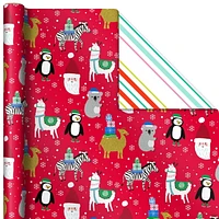 Papier d'emballage Hallmark réversible de Noël pour enfants, motif tendance (3 rouleaux : 120 pieds carrés au total) dinosaures, koalas, ours polaires, pingouins, chameaux, zèbres, rayures
