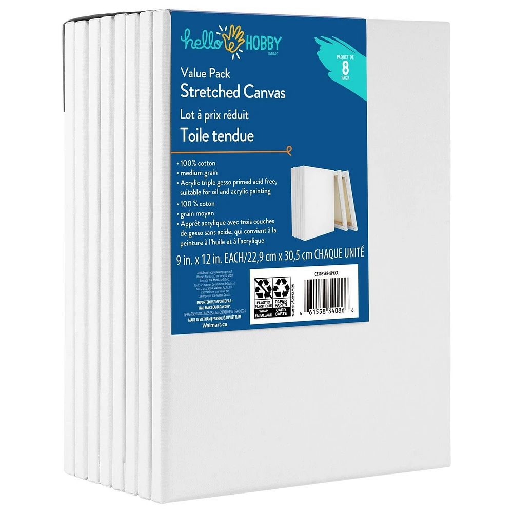 HELLO HOBBY STRETCHED CANVASES 8 PACK VALUE PACK 9 in. x 12 in. EACH, 9 in. x 12 in. EACH