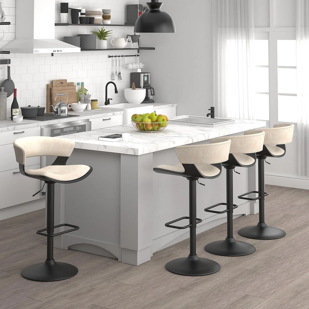 Tabouret pneumatique contemporain réglable en bois et en similicuir – ivoire et noir