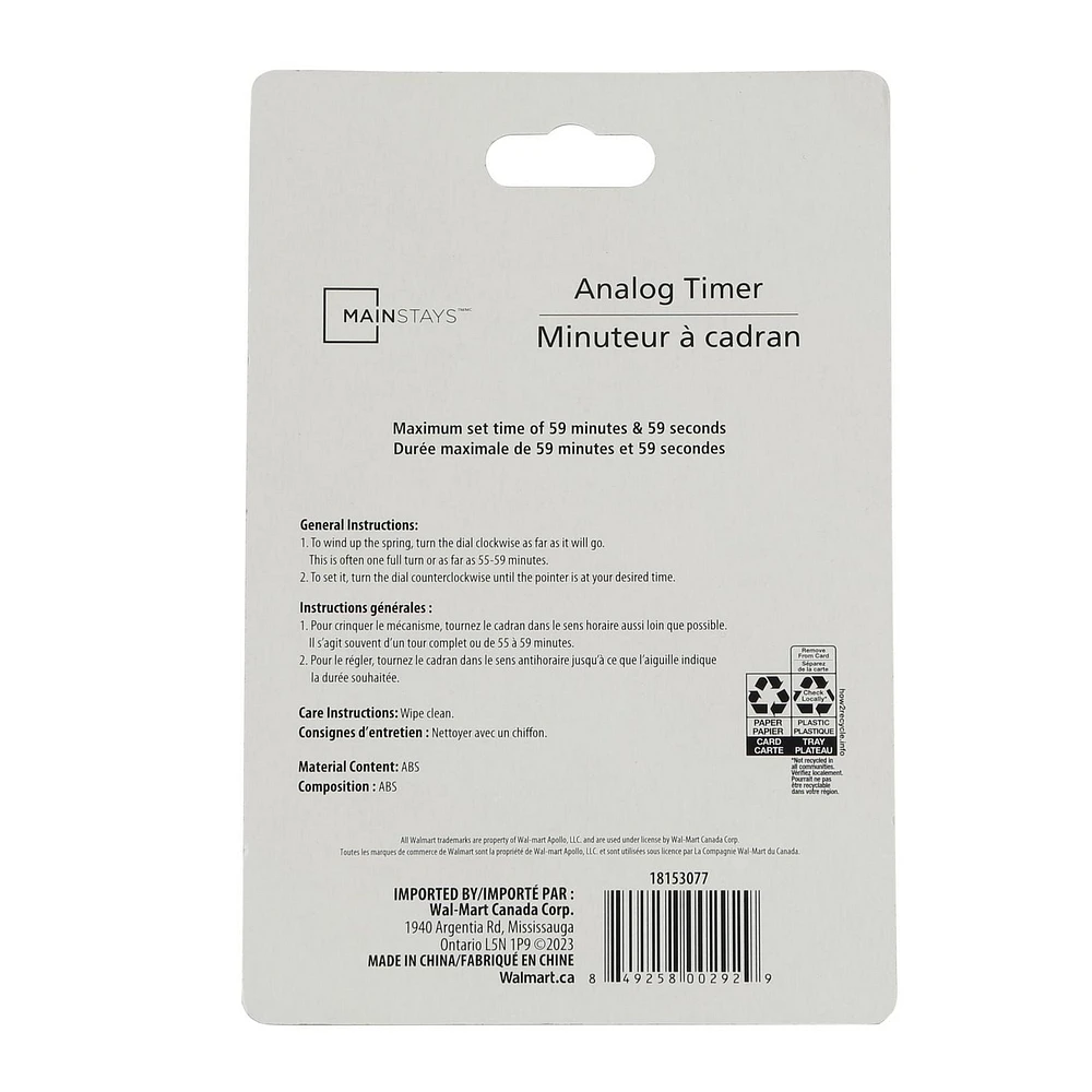 Mainstays Analog Kitchen Timer, Mechanical Kitchen Timer