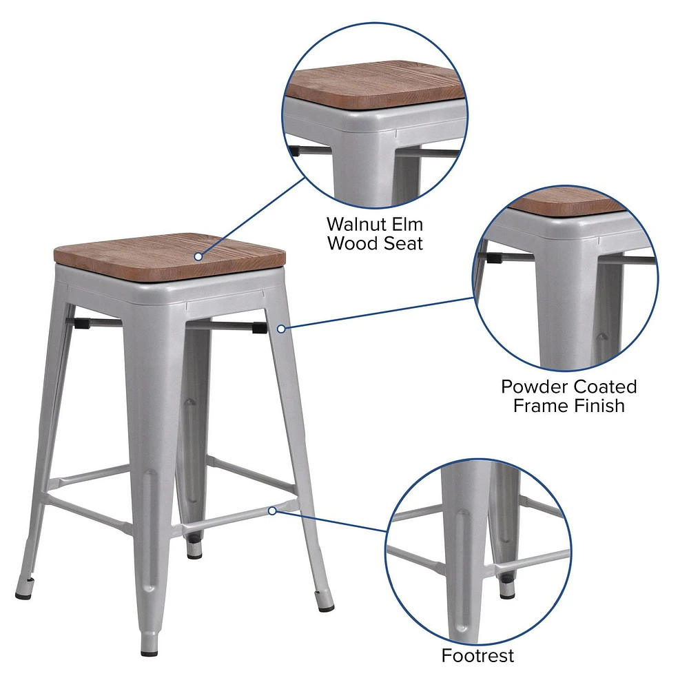 4 Pk. 24" High Backless Silver Metal Counter Height Stool with Square Wood Seat