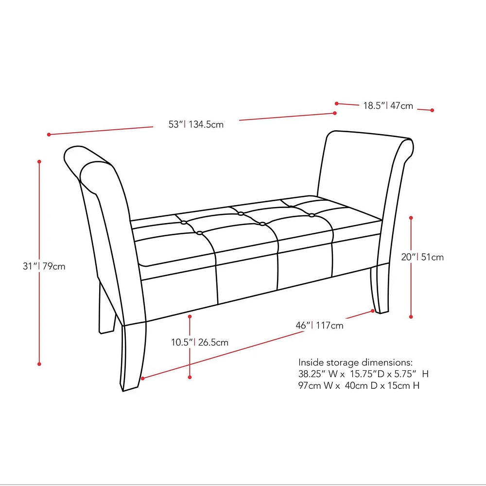 Banc de rangement Antonio avec bras en volute, gris foncé