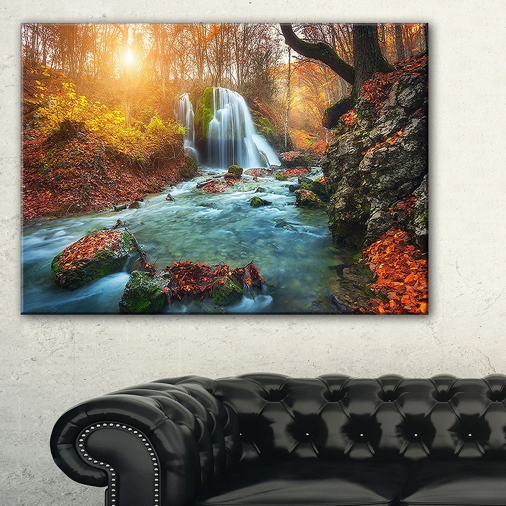 Design Art Fast Flowing Fall River in Forest Landscape Photo Canvas Art Print