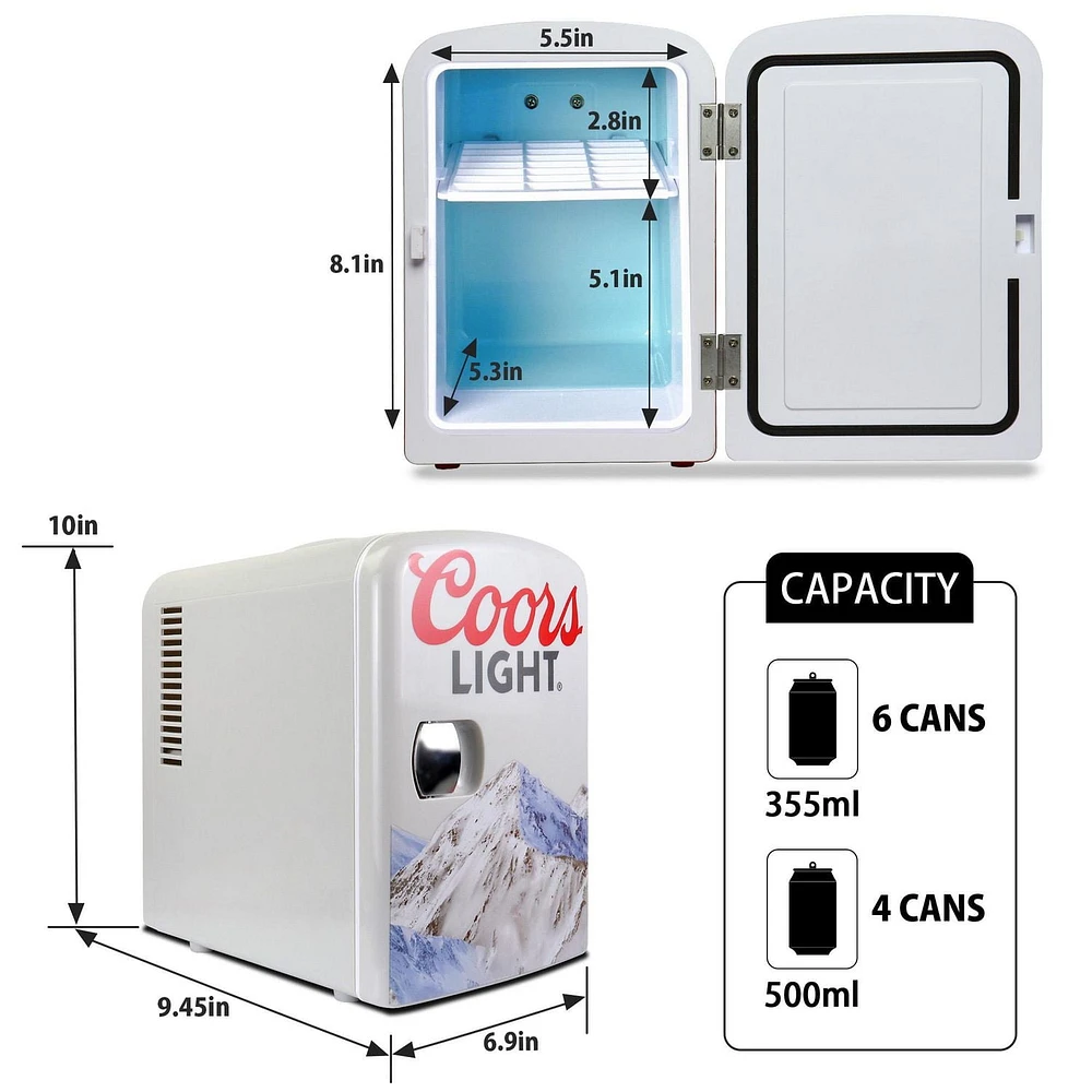 Coors Light Mini Réfrigérateur 6 Canettes, 4.2L, Refroidisseur Personnel pour Aliments, Boissons & Soins de la Peau – Idéal pour Maison, Bureau, Université