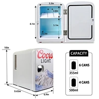 Coors Light Mini Réfrigérateur 6 Canettes, 4.2L, Refroidisseur Personnel pour Aliments, Boissons & Soins de la Peau – Idéal pour Maison, Bureau, Université