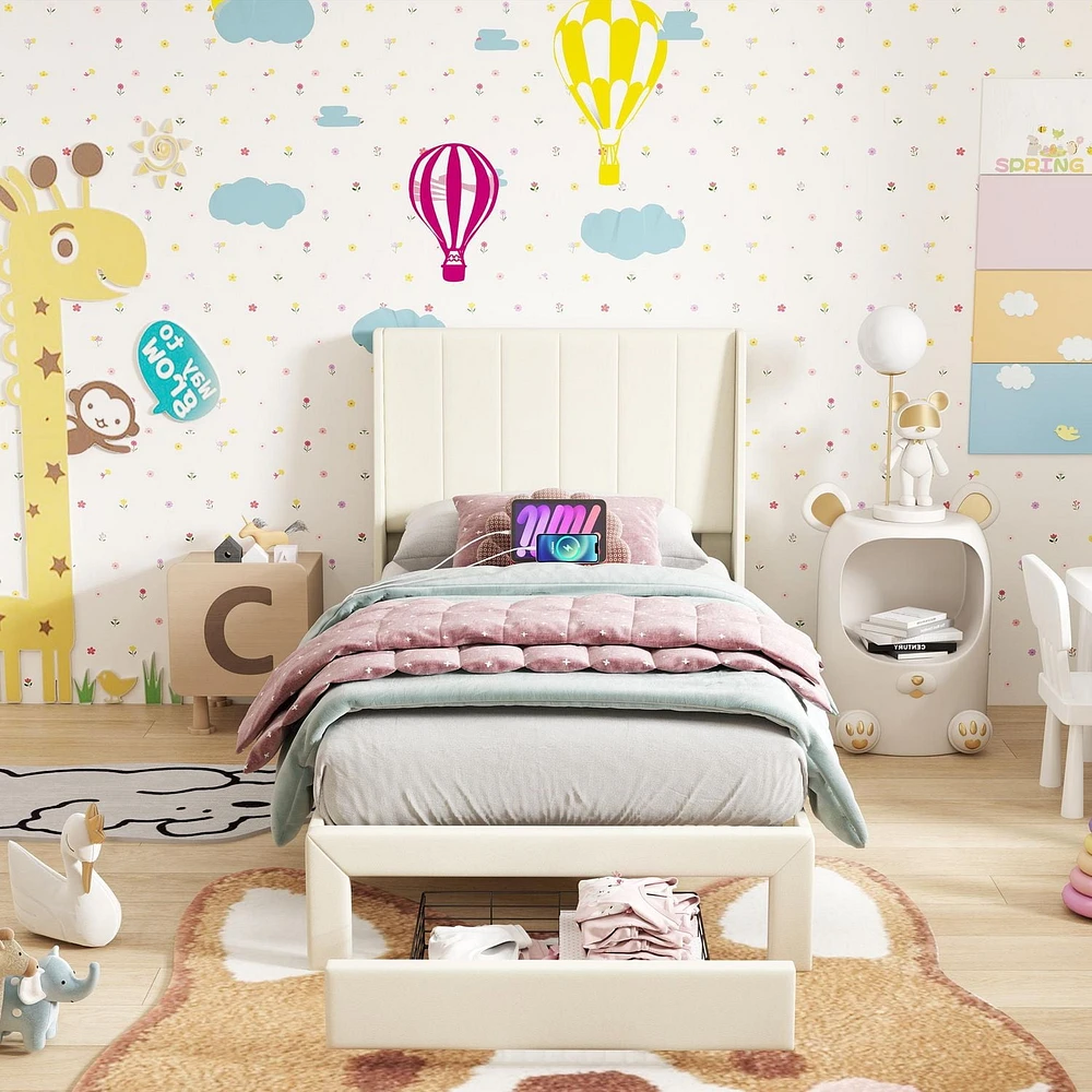 Ensemble de lit pour enfant Homy Casa avec tête de lit rembourrée, support à lattes en bois, ports de chargement USB et tiroirs de rangement.