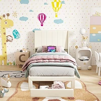 Ensemble de lit pour enfant Homy Casa avec tête de lit rembourrée, support à lattes en bois, ports de chargement USB et tiroirs de rangement.