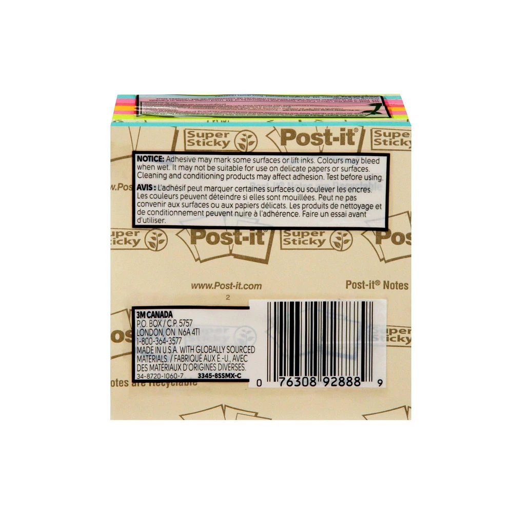 Feuillets super collants Post-it®, 3345-8SSMX-C, Assorties 3 po x 3 po, 45 Feuilles/Bloc