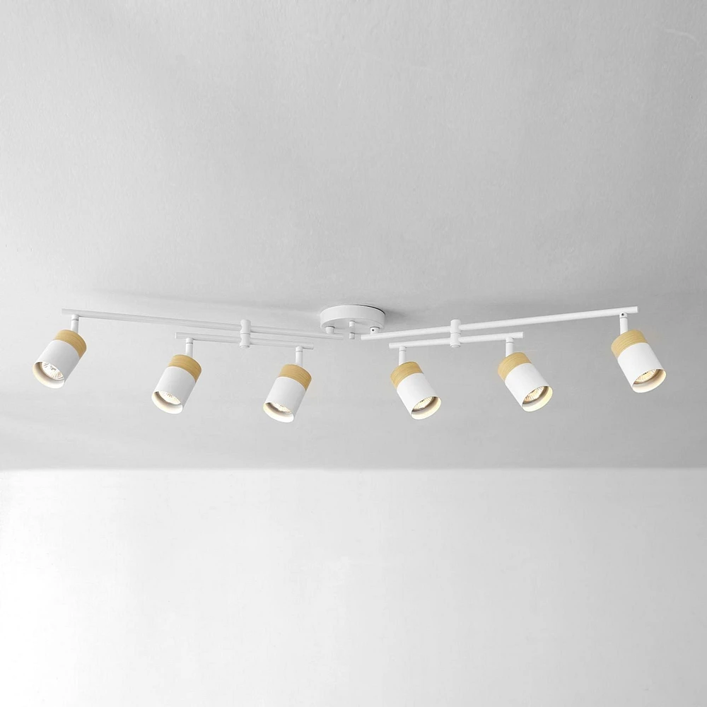 6-Light Matte White and Faux Wood Track Lighting with Double Center Swivel Bar and Pivoting Shades
